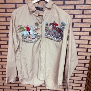 Aintree Tan Horse Embroidered Button Down Shirt Size Large‎